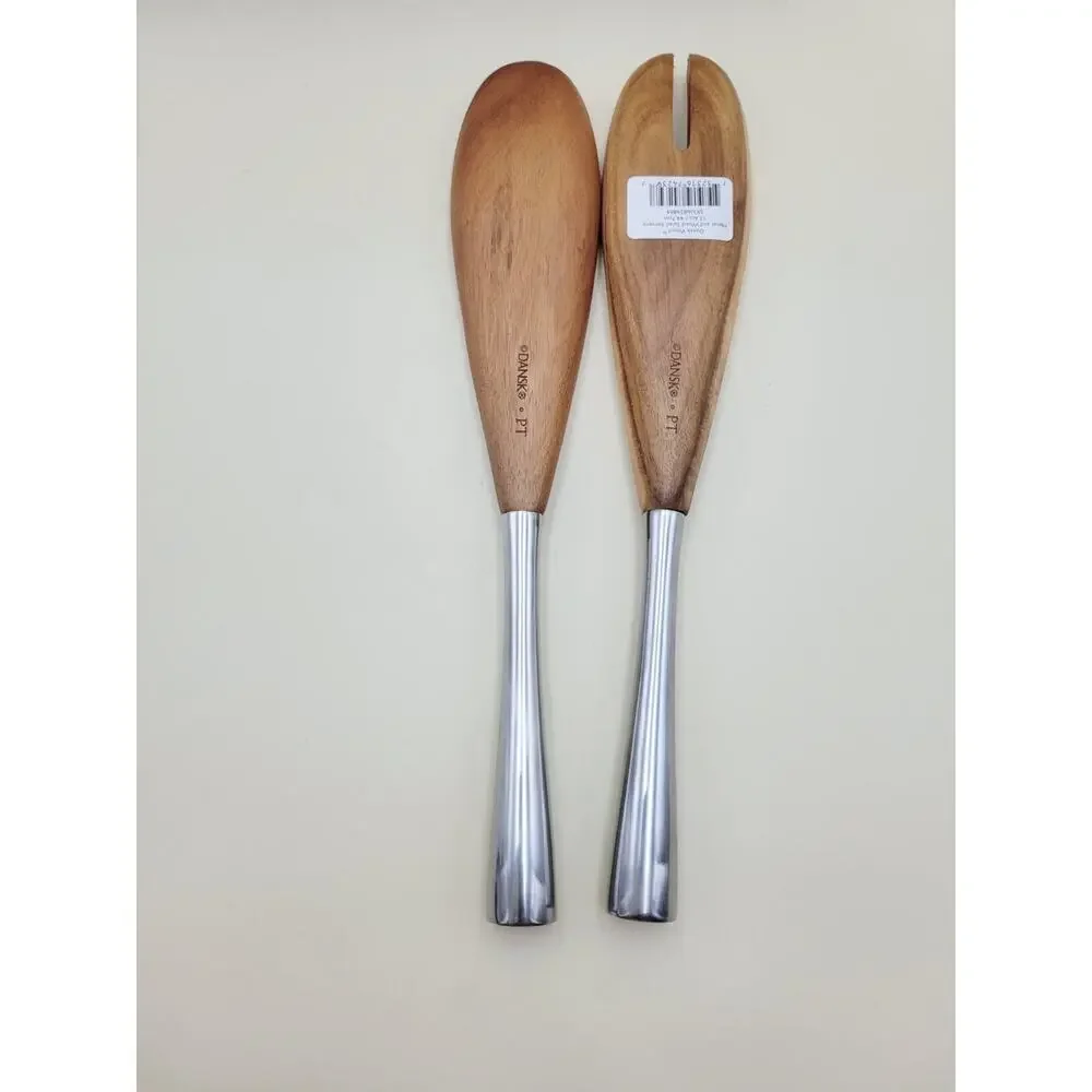 Dansk Wood Salad Server Set of 2 Brown Silver Metal Open Box